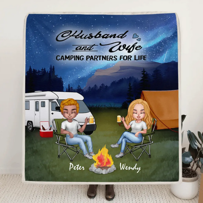 Personalized Night Camping Chibi Quilt/Fleece Blanket - Couple With Up to 3 Dogs - Gift Idea For Dog/Camping Lover/Couple - Husband And Wife Camping Partners For Life