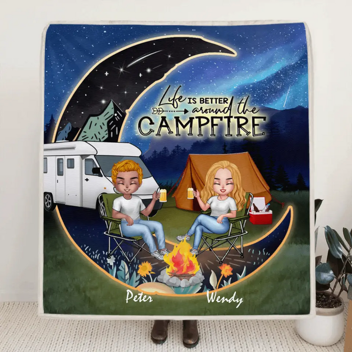 Personalized Camping Moon Night Chibi Quilt/Fleece Blanket - Couple With Up to 3 Dogs - Gift Idea For Camping Lover - Life Is Better Around The Campfire