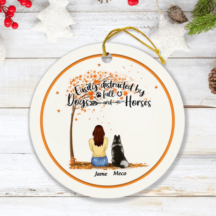 Personalized Horse Dog Mom In Autumn Ornament - Up to 3 Horses/Dogs - Easily Distracted By Fall Dogs And Horses