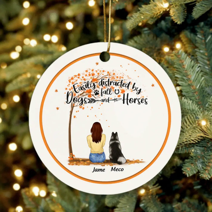 Personalized Horse Dog Mom In Autumn Ornament - Up to 3 Horses/Dogs - Easily Distracted By Fall Dogs And Horses