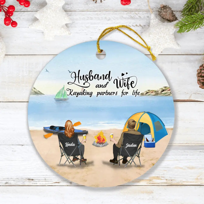 Personalized Kayak Camping Ornament - Couple With Up to 3 Dogs - This Is Our Happy Place