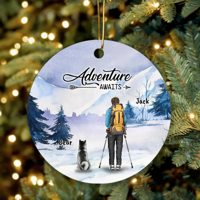 Personalized Winter Hiking Ornament - Up to 2 Dogs - Best Gift For Hiking Lover - Adventure Awaits