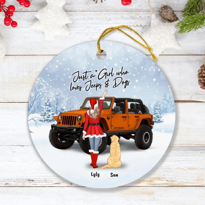 Personalized Christmas Off-road Girl Circle Ornament - Girl With Up to 4 Pets - Christmas Gift For Dog/ Cat Lover - Just A Girl