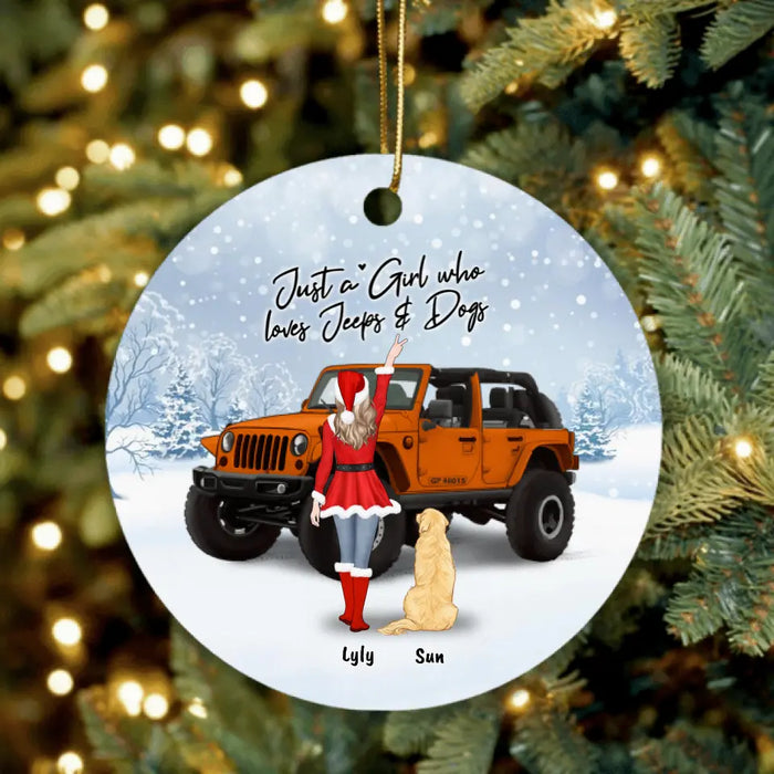 Personalized Christmas Off-road Girl Circle Ornament - Girl With Up to 4 Pets - Christmas Gift For Dog/ Cat Lover - Just A Girl