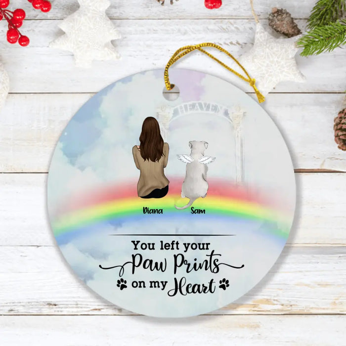 Personalized Memorial Pets Ornament - Man/Woman With Up to 6 Pets - Memorial Gift For Dog Lovers/Cat Lovers - You Left Your Paw Prints On My Heart - AXSIO5