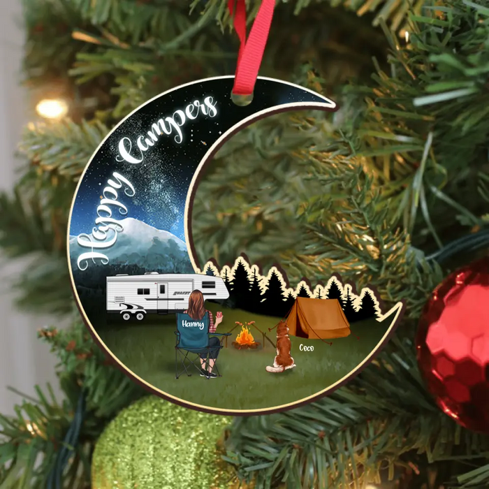Personalized Camping Moon Ornament - Solo/Couple With Up to 4 Pets - Best Gift For Camping Lover - Happy Campers