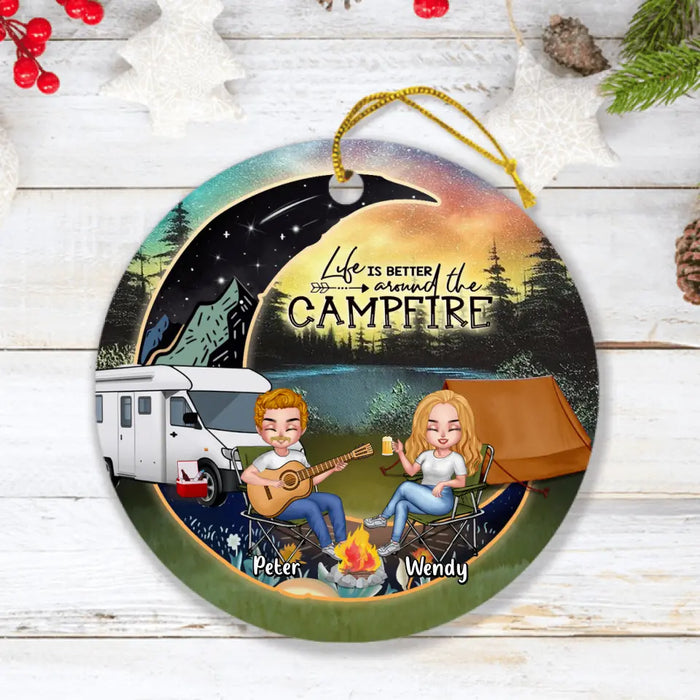 Personalized Camping Moon Ornament - Gift Idea For Camping Lover/Couple/Dog Lover - Couple With Up to 3 Dogs - Life Is Better Around The Campfire