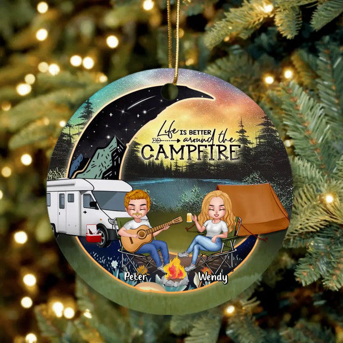 Personalized Camping Moon Ornament - Gift Idea For Camping Lover/Couple/Dog Lover - Couple With Up to 3 Dogs - Life Is Better Around The Campfire