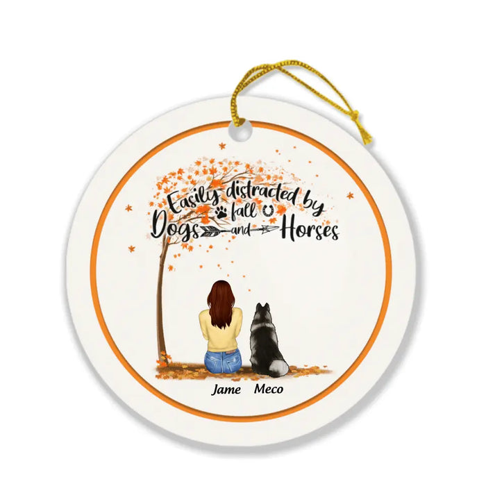 Personalized Horse Dog Mom In Autumn Ornament - Up to 3 Horses/Dogs - Easily Distracted By Fall Dogs And Horses