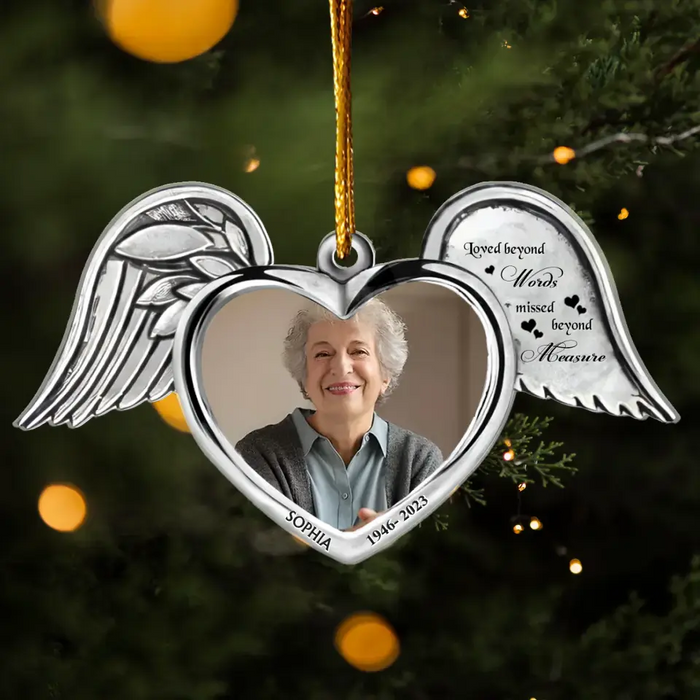 Personalized Memorial Wings Aluminum Ornament - Memorial Gift Idea For Christmas/Family Member - Upload Photo - Loved Beyond Words Missed Beyond Measure