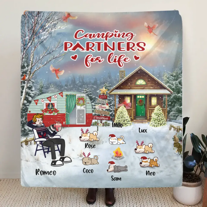 Personalized Christmas Camping Quilt/Fleece Throw Blanket - Adult/Couple With Up to 6 Pets - Christmas Gift For Dog/Cat Lover - Camping Partners For Life