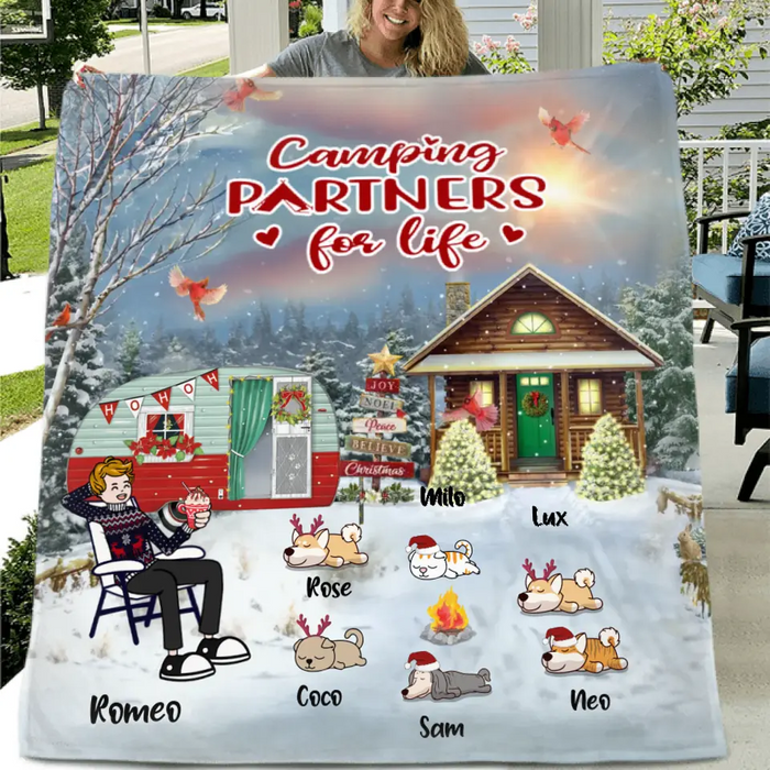 Personalized Christmas Camping Quilt/Fleece Throw Blanket - Adult/Couple With Up to 6 Pets - Christmas Gift For Dog/Cat Lover - Camping Partners For Life