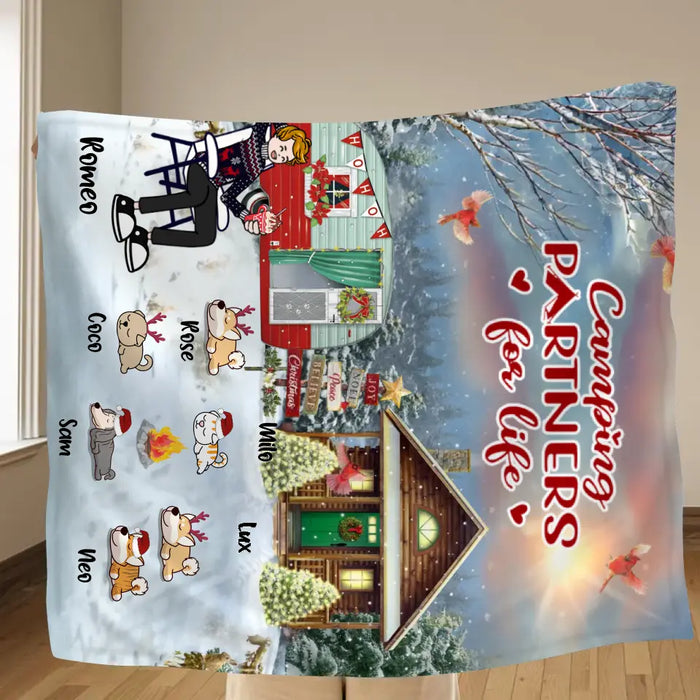 Personalized Christmas Camping Quilt/Fleece Throw Blanket - Adult/Couple With Up to 6 Pets - Christmas Gift For Dog/Cat Lover - Camping Partners For Life