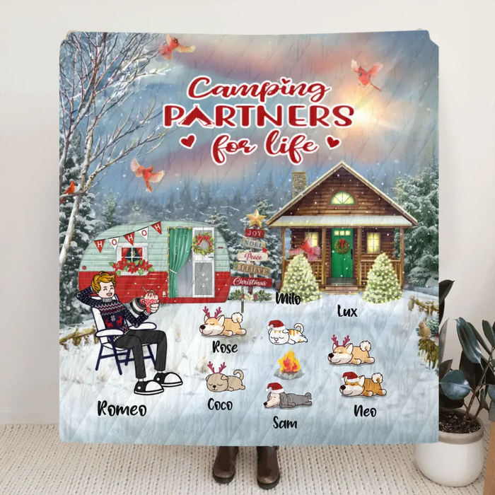 Personalized Christmas Camping Quilt/Fleece Throw Blanket - Adult/Couple With Up to 6 Pets - Christmas Gift For Dog/Cat Lover - Camping Partners For Life