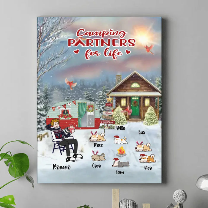 Personalized Christmas Camping Vertical Canvas - Adult/Couple With Up to 6 Pets - Christmas Gift For Dog/Cat Lover - Camping Partners For Life