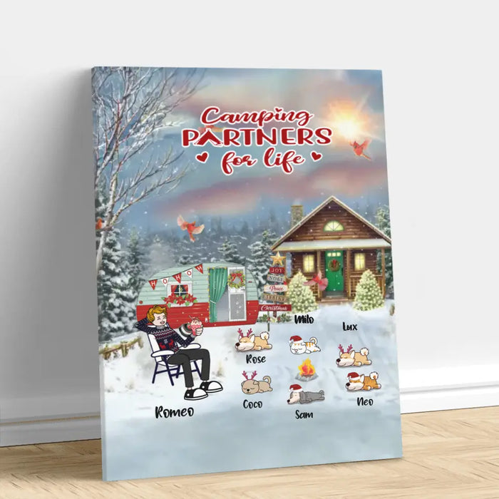 Personalized Christmas Camping Vertical Canvas - Adult/Couple With Up to 6 Pets - Christmas Gift For Dog/Cat Lover - Camping Partners For Life