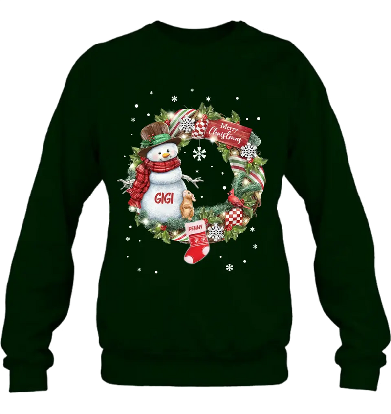 Personalized Grandma Mom Snowman Christmas Wreath Shirt/Hoodie - Christmas Gift For Grandma/Nana/Mother -  Up to 10 Kids
