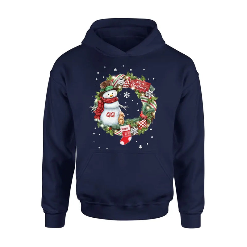 Personalized Grandma Mom Snowman Christmas Wreath Shirt/Hoodie - Christmas Gift For Grandma/Nana/Mother -  Up to 10 Kids