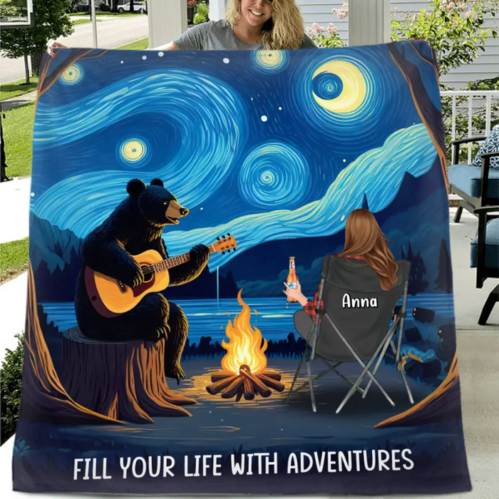 Personalized Camping Life Bear Playing Guitar Quilt/Fleece Throw Blanket - Gift Idea For Camping Lover - Fill Your Life With Adventures