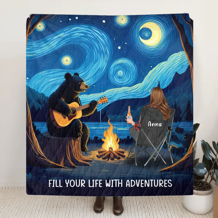 Personalized Camping Life Bear Playing Guitar Quilt/Fleece Throw Blanket - Gift Idea For Camping Lover - Fill Your Life With Adventures