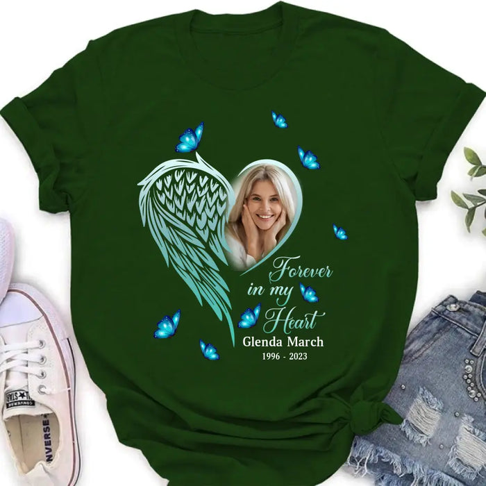 Personalized Memorial Wing Heart Shirt/Hoodie - Upload Photo - Memorial Gift Idea For Family - Forever In My Heart