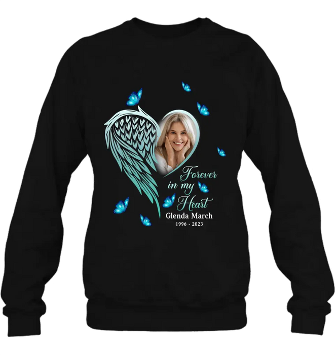 Personalized Memorial Wing Heart Shirt/Hoodie - Upload Photo - Memorial Gift Idea For Family - Forever In My Heart