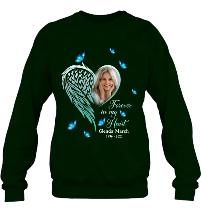 Personalized Memorial Wing Heart Shirt/Hoodie - Upload Photo - Memorial Gift Idea For Family - Forever In My Heart
