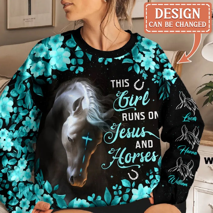 Personalized Horse Ear AOP Sweater - Up to 5 Names - Gift Idea For Horse Lover - This Girl Runs On Jesus And Horses