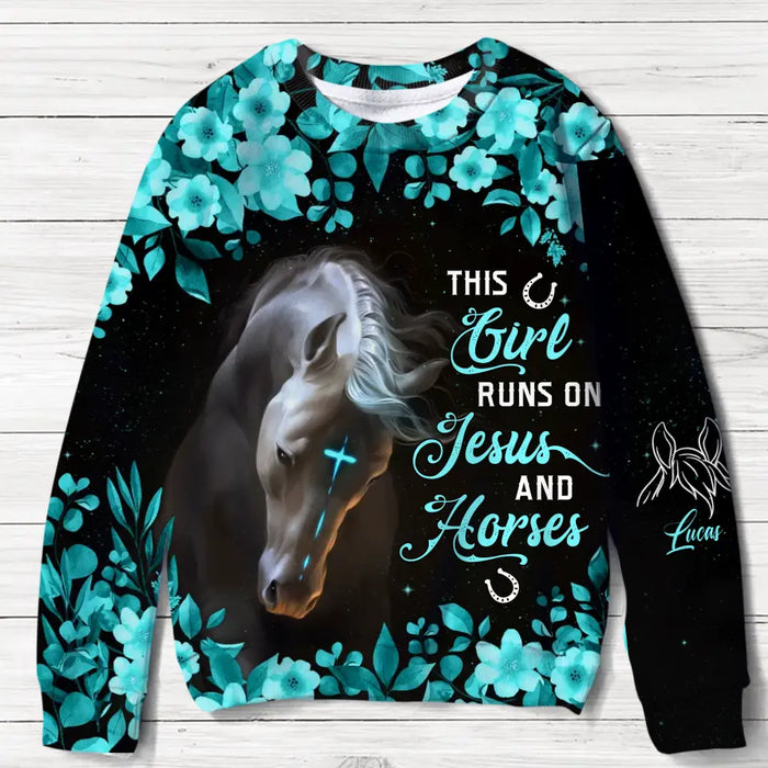 Personalized Horse Ear AOP Sweater - Up to 5 Names - Gift Idea For Horse Lover - This Girl Runs On Jesus And Horses