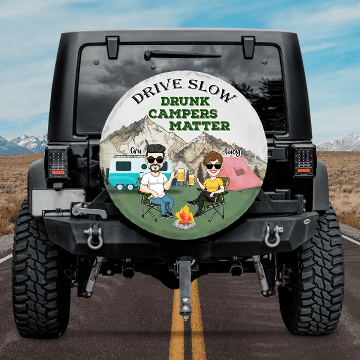 Personalized Camping Couple Spare Tire Cover - Couple With Up to 4 Dogs - Gift Idea For Camping/Dog Lover - Drive Slow Drunk Campers Matter