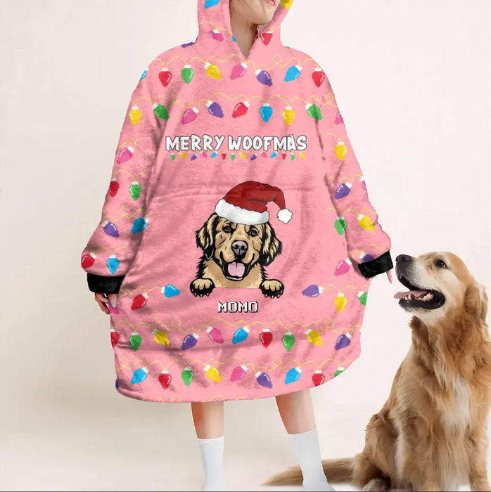 Personalized Dog Mom Multicolor Blanket Hoodie - Up to 3 Dogs - Christmas Gift Idea For Dog Mom - Merry Woofmas