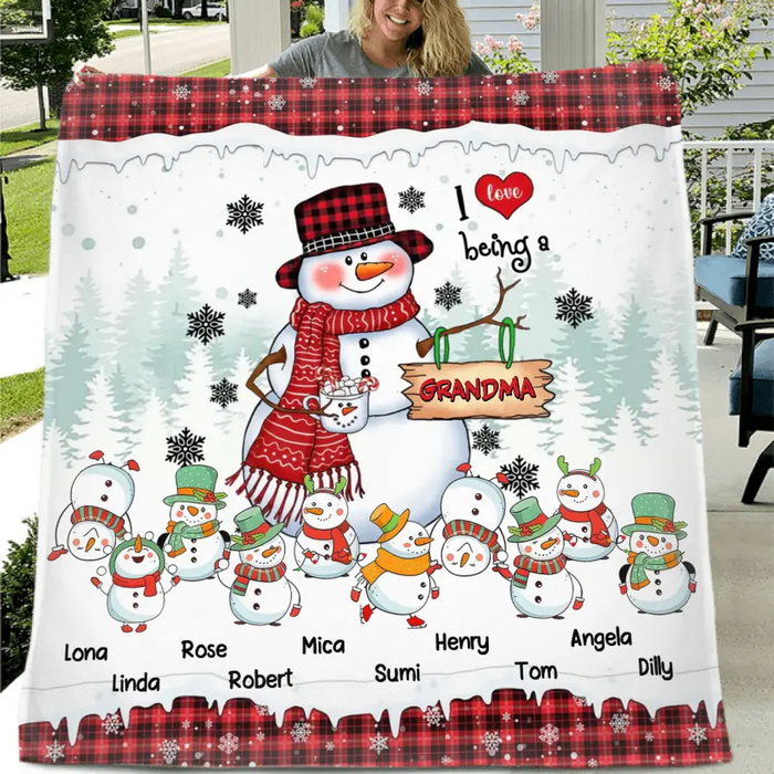 Personalized Christmas Snowman Grandma Quilt/Fleece Throw Blanket - Up to 10 Grandkids - Christmas Gift Idea For Grandma - I Love Being A Grandma