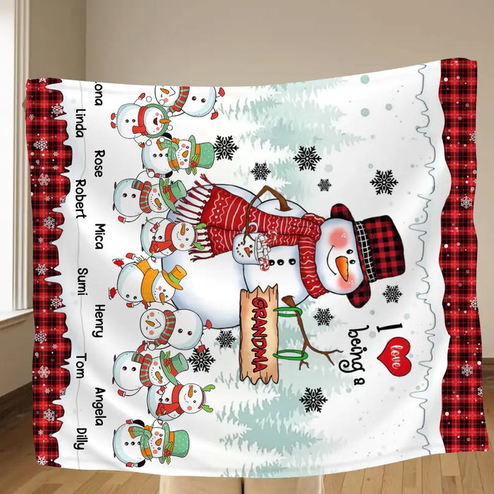 Personalized Christmas Snowman Grandma Quilt/Fleece Throw Blanket - Up to 10 Grandkids - Christmas Gift Idea For Grandma - I Love Being A Grandma