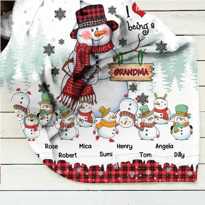 Personalized Christmas Snowman Grandma Quilt/Fleece Throw Blanket - Up to 10 Grandkids - Christmas Gift Idea For Grandma - I Love Being A Grandma