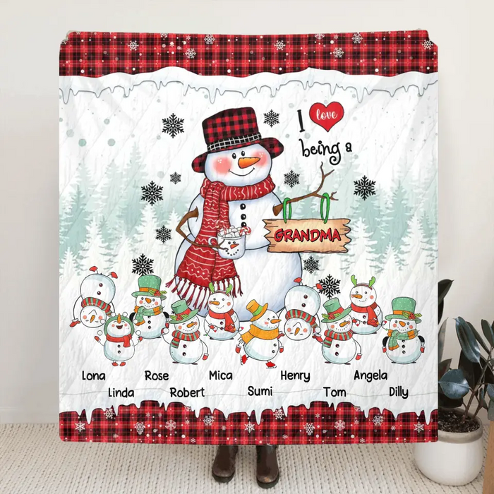 Personalized Christmas Snowman Grandma Quilt/Fleece Throw Blanket - Up to 10 Grandkids - Christmas Gift Idea For Grandma - I Love Being A Grandma