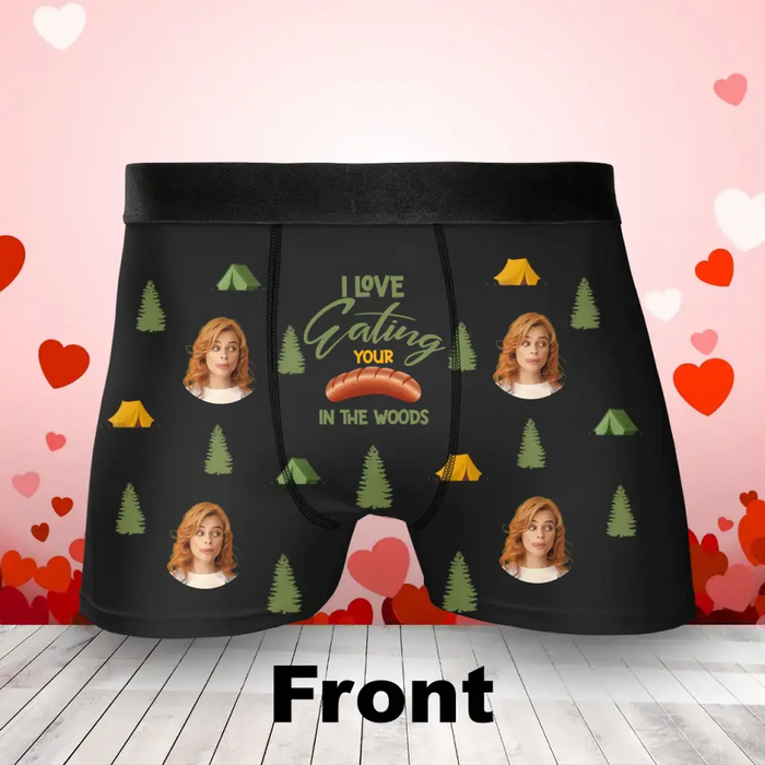 Personalized Funny Camper Couple Men's Boxer Briefs - Upload Photo - Funny/Valentines Gift Idea For Men, Boyfriend, Husband - I Love Eating Your Sausage In The Woods