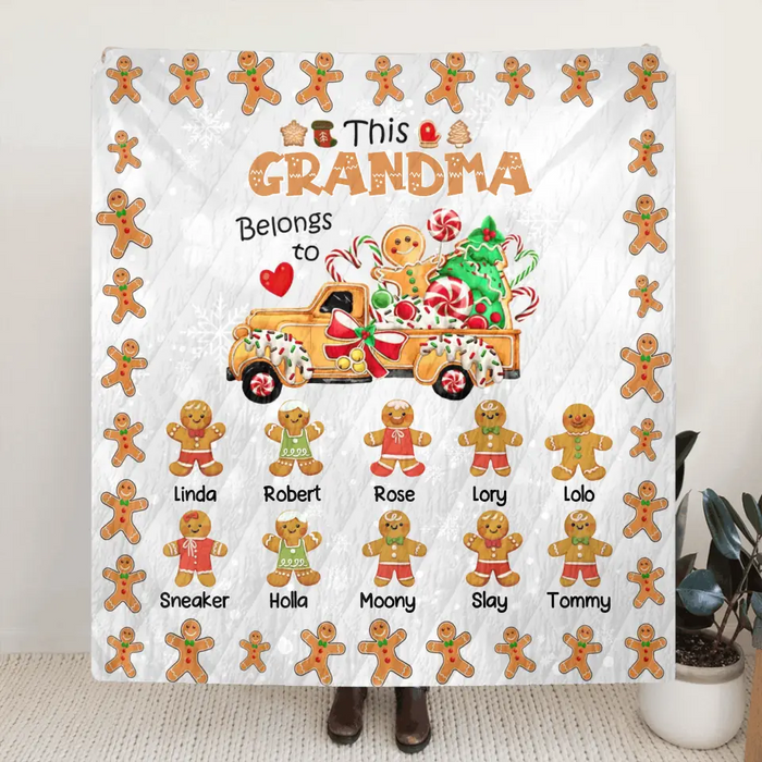 Personalized Christmas Gingerbread Grandma Quilt/Fleece Throw Blanket - Up to 10 Grandkids - Christmas Gift Idea For Grandma - This Grandma Belongs To