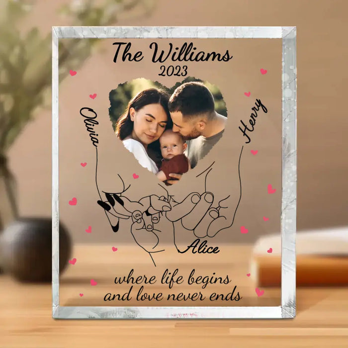 Personalized Family Hand In Hand Acrylic Plaque - Gift For Family Parents With Up to 3 Kids - Upload Photo - Where Life Begins & Love Never Ends