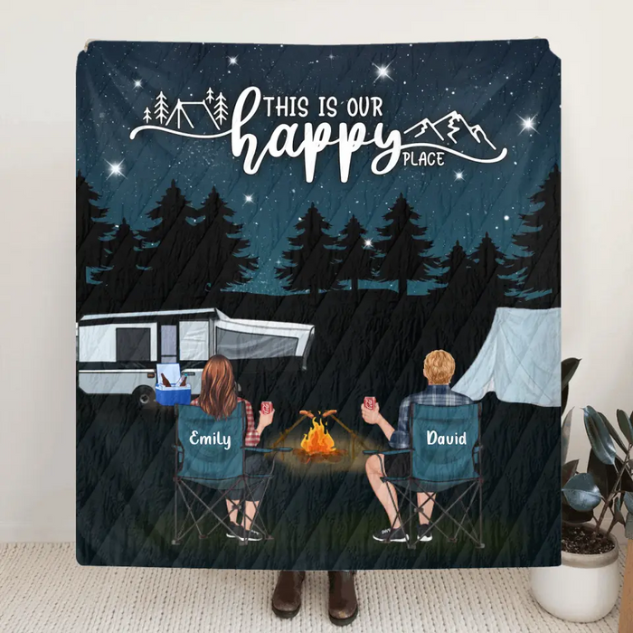Personalized Camping Family Quilt/Fleece Throw Blanket - Gift Idea For Camping Lover/Couple/Family - This Is Our Happy Place