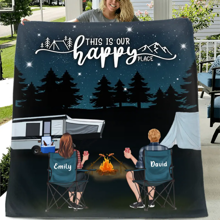 Personalized Camping Family Quilt/Fleece Throw Blanket - Gift Idea For Camping Lover/Couple/Family - This Is Our Happy Place