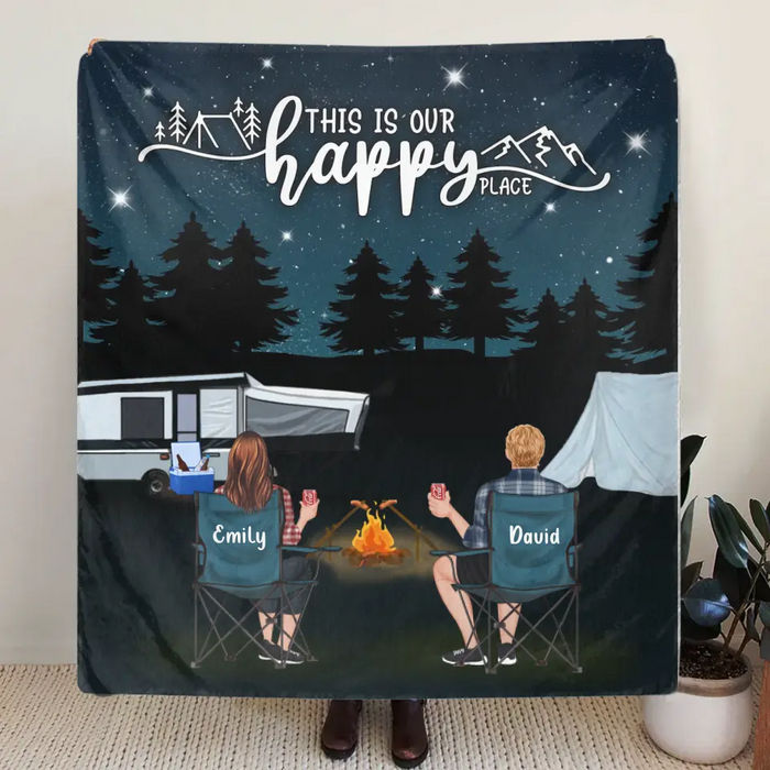 Personalized Camping Family Quilt/Fleece Throw Blanket - Gift Idea For Camping Lover/Couple/Family - This Is Our Happy Place