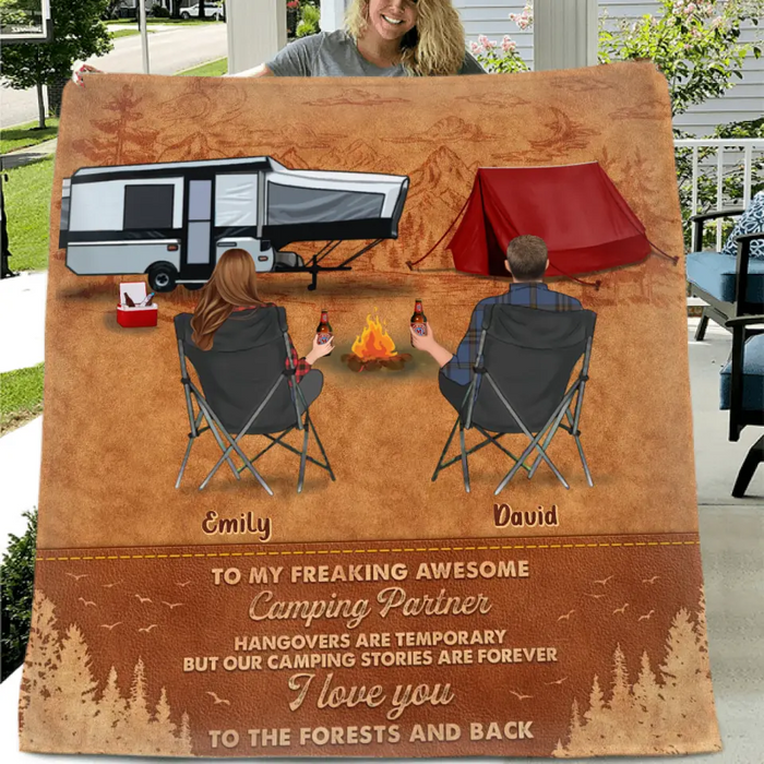 Personalized Camping Fleece Throw Blanket & Quilt - Gift Idea For Camping Lover/Couple - To My Freaking Awesome Camping Partner
