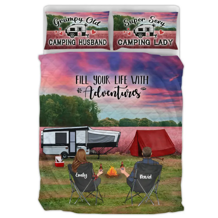 Personalized Camping Quilt Bed Sets - Gift Idea For Couple, Camping Lovers, Family - Up to 5 Kids, 6 Pets - Fill Your Life With Adventures