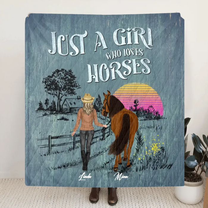 Personalized Horse Girl Quilt/Fleece Throw Blanket - Gift Idea For Girl/Horse Lovers - Up to 6 Horses - Just A Girl Who Loves Horses