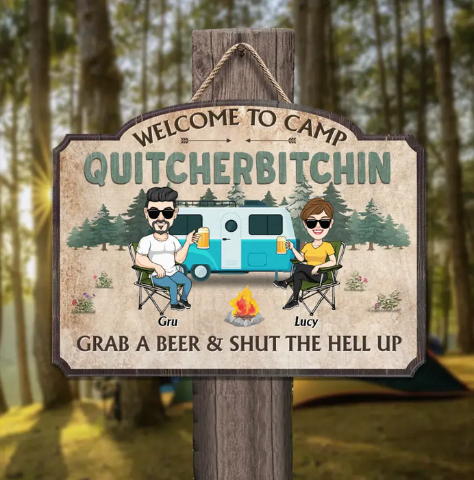 Personalized Camping Wooden Sign - Gift Idea For Couple/Camping Lovers - Couple With Up to 4 Dogs - Welcome To Camp Quitcherbitchin