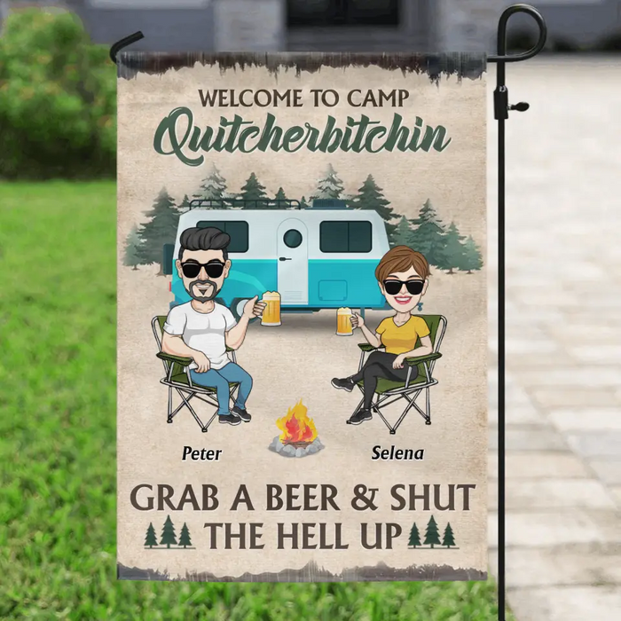 Personalized Camping Flag Sign - Best Gift For Camping Lovers - Couple With Up to 4 Dogs - Welcome To Camp Quitcherbitchin