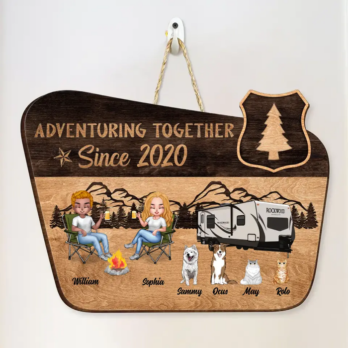 Personalized Camping Door Sign - Gift for Camping Lovers - Couple and Up to 4 Pets - Adventuring Together