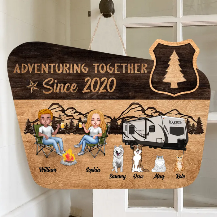 Personalized Camping Door Sign - Gift for Camping Lovers - Couple and Up to 4 Pets - Adventuring Together