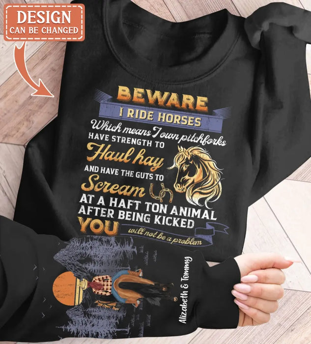 Personalized Horse Girl AOP Sweater - Gift Idea For Horse Lover - Beware I Ride Horses Which Means I Own Pitchforks Have Strength To Haul Hay