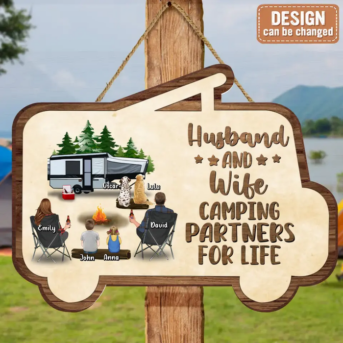 Personalized Camping Wooden Sign - Up to 2 Children & 3 Pets -  Gift Idea For Camping Lovers - Husband And Wife Camping Partners For Life